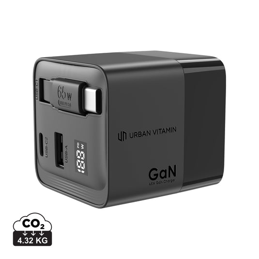 Urban Vitamin Mendocino 65W GaN charger with retractable cable for phones and tablets, compact and portable design.