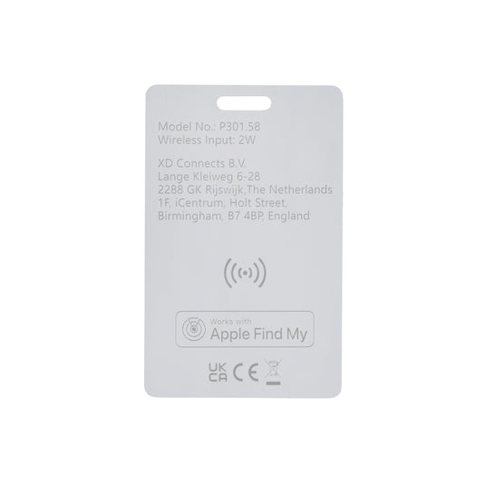Findit RCS ultra-thin rechargeable finder card from XD Collection, shown on a smartphone with close-up of its sleek design.