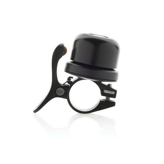 XD Collection Pedalfinder bike bell with worldwide locating feature, mounted on a bicycle handlebar, showcasing its sleek design.