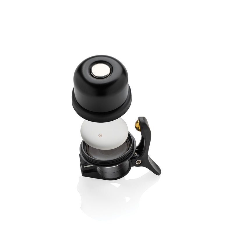 Load image into Gallery viewer, XD Collection Pedalfinder bike bell with worldwide locating feature, mounted on a bicycle handlebar, showcasing its sleek design.
