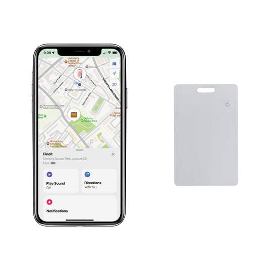 XD Collection Findit Dual RCS plastic ultra-thin rechargeable phone and tablet finder card on white background