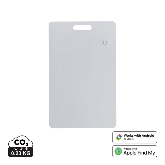 XD Collection Findit Dual RCS plastic ultra-thin rechargeable phone and tablet finder card lying flat on a surface.