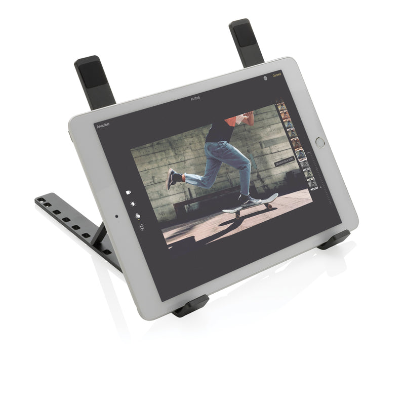 Load image into Gallery viewer, XD Xclusive Terra RCS recycled aluminium universal laptop and tablet stand, showing a sleek, eco-friendly phone and tablet accessory.
