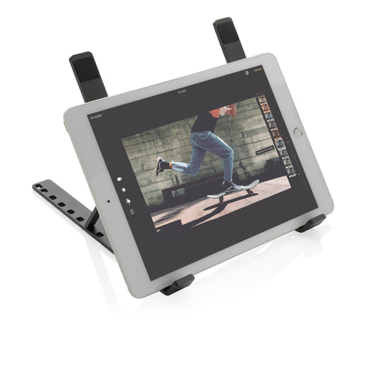 XD Xclusive Terra RCS recycled aluminium universal laptop and tablet stand, showing a sleek, eco-friendly phone and tablet accessory.