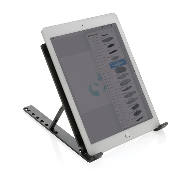Load image into Gallery viewer, XD Xclusive Terra RCS recycled aluminium universal laptop and tablet stand, black with adjustable support for phones and tablets.
