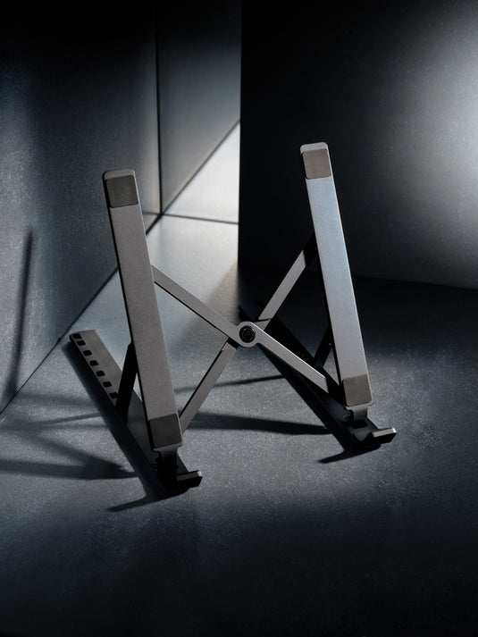 XD Xclusive Terra RCS recycled aluminium universal laptop and tablet stand, black, adjustable design for phones and tablets.