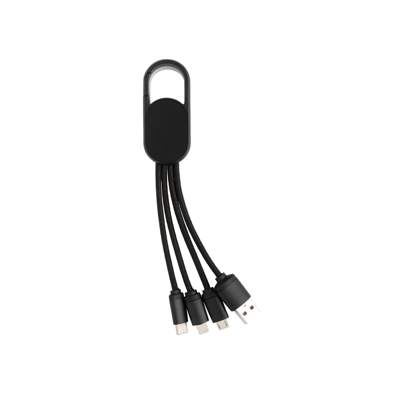 Load image into Gallery viewer, XD Collection 4-in-1 cable with carabiner clip for phones and tablets, featuring multiple charging and data transfer options.
