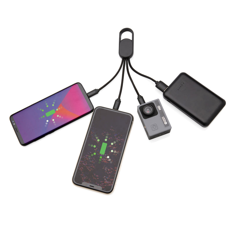 Load image into Gallery viewer, XD Collection 4-in-1 cable with carabiner clip for phone and tablet charging and data transfer, versatile accessory.

