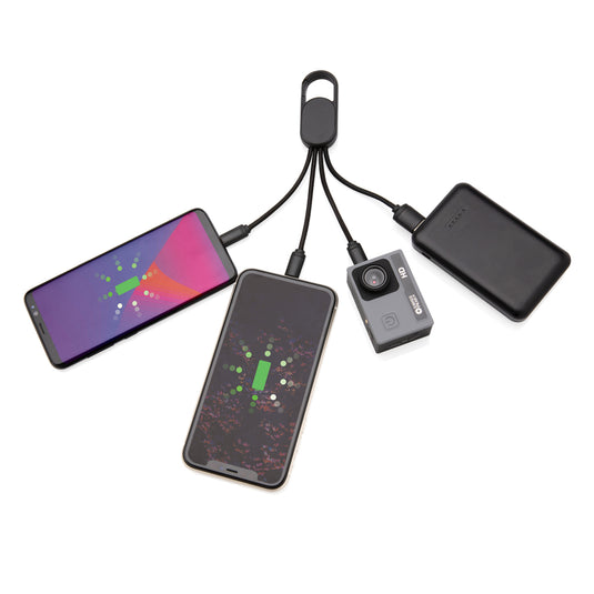 XD Collection 4-in-1 cable with carabiner clip for phone and tablet charging and data transfer, versatile accessory.