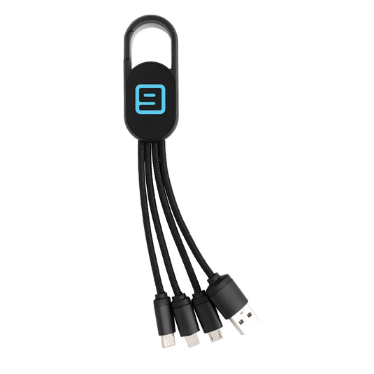 XD Collection 4-in-1 cable with carabiner clip for phone and tablet charging and data transfer, shown with attached cable.