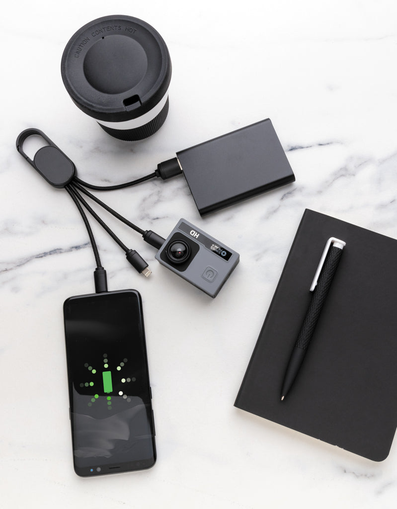 Load image into Gallery viewer, XD Collection 4-in-1 cable with carabiner clip for phone and tablet charging and data transfer, compact and versatile accessory.
