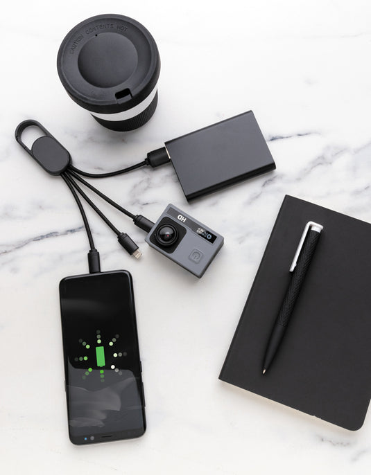 XD Collection 4-in-1 cable with carabiner clip for phone and tablet charging and data transfer, compact and versatile accessory.