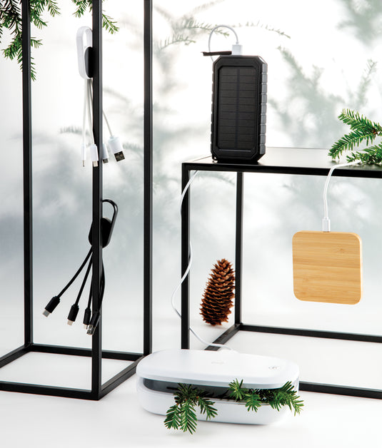 XD Collection 4-in-1 cable with carabiner clip for charging and data transfer for phones and tablets.