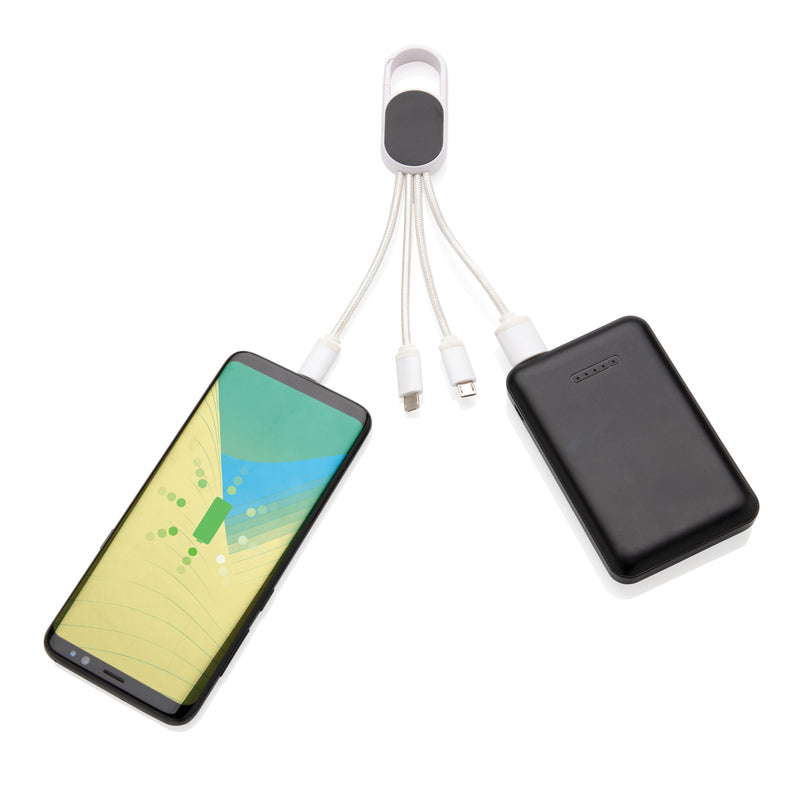 Load image into Gallery viewer, XD Collection 4-in-1 cable with carabiner clip for phone and tablet charging and data transfer, versatile and portable accessory.
