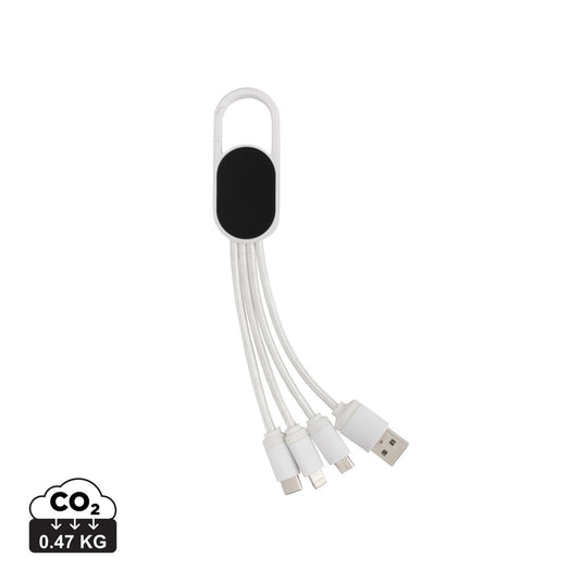 XD Collection 4-in-1 cable with carabiner clip for phone and tablet charging and data transfer, compact and versatile accessory.