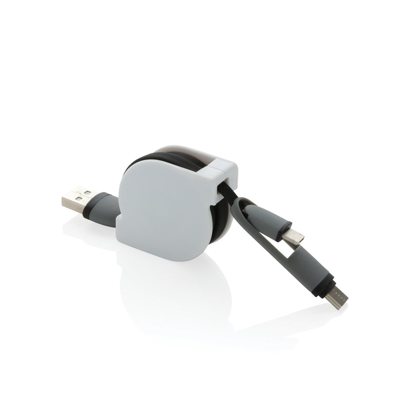 Load image into Gallery viewer, XD Collection 3-in-1 retractable cable for phone and tablet accessories, showing the compact cable and multiple connector types.
