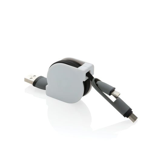 XD Collection 3-in-1 retractable cable for phone and tablet accessories, showing the compact cable and multiple connector types.