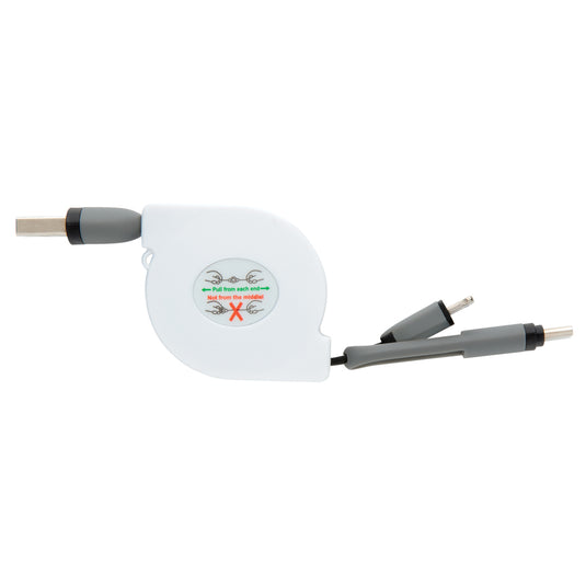 XD Collection 3-in-1 retractable cable for phones and tablets, showing the compact design with multiple charging connectors.