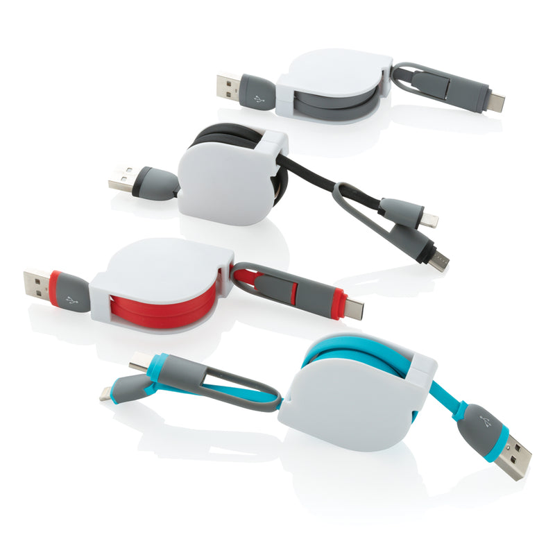 Load image into Gallery viewer, XD Collection 3-in-1 retractable cable for phone and tablet accessories, showing compact design with multiple charging connectors.
