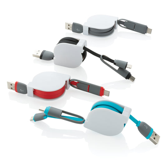 XD Collection 3-in-1 retractable cable for phone and tablet accessories, showing compact design with multiple charging connectors.