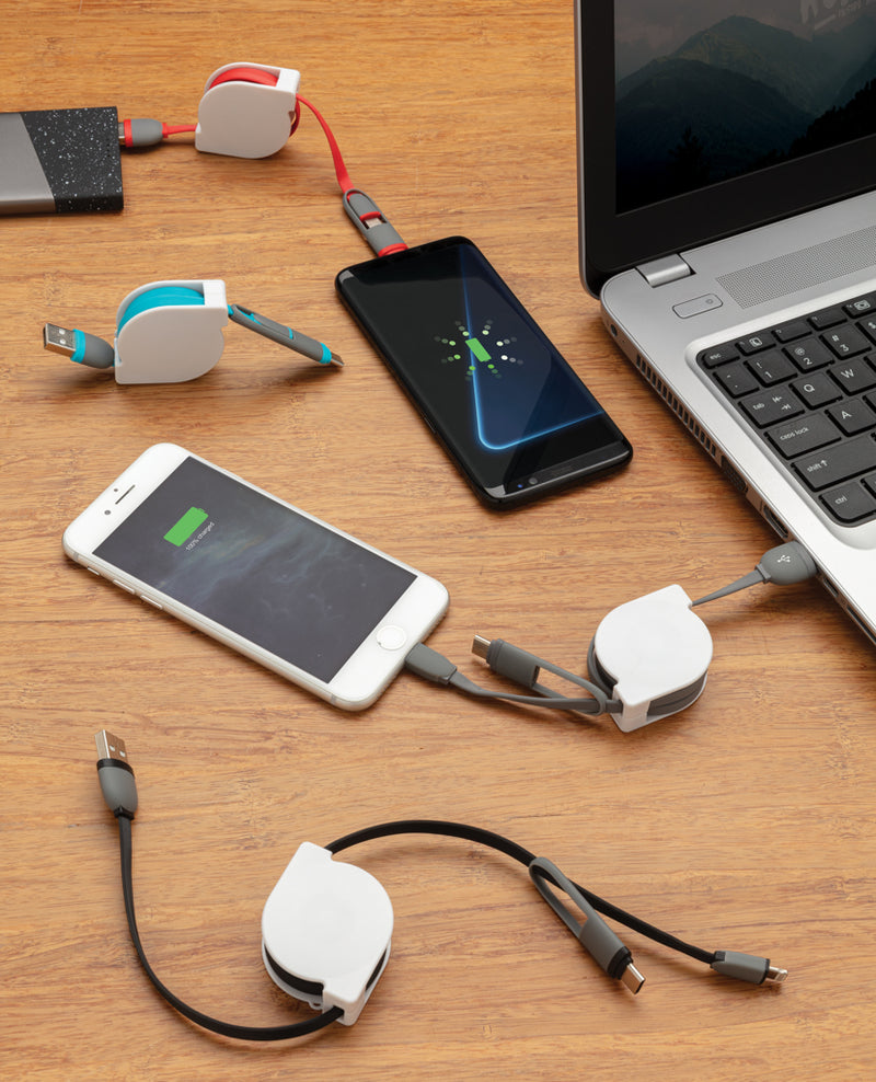 Load image into Gallery viewer, XD Collection 3-in-1 retractable cable for phone and tablet accessories, featuring multiple connectors on a compact design
