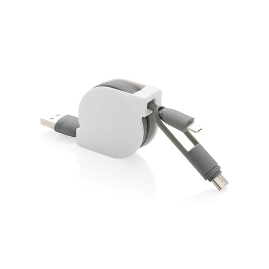 XD Collection 3-in-1 retractable cable for phone and tablet accessories, shown with USB, Lightning, and USB-C connectors.
