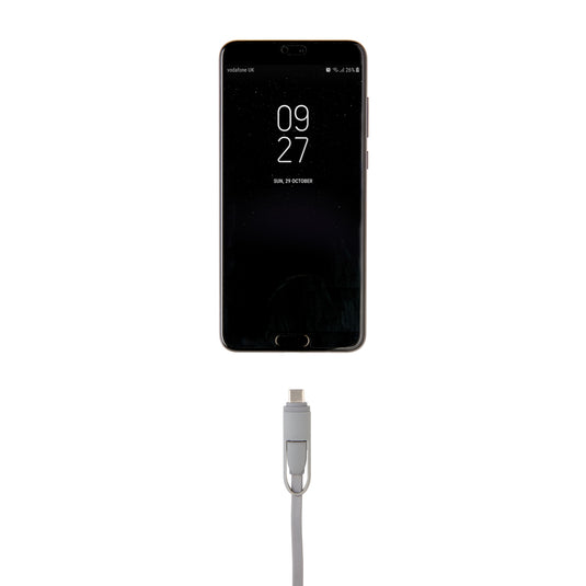 XD Collection 3-in-1 retractable cable for phones and tablets, showing USB-C, Lightning, and Micro USB connectors in a compact design.