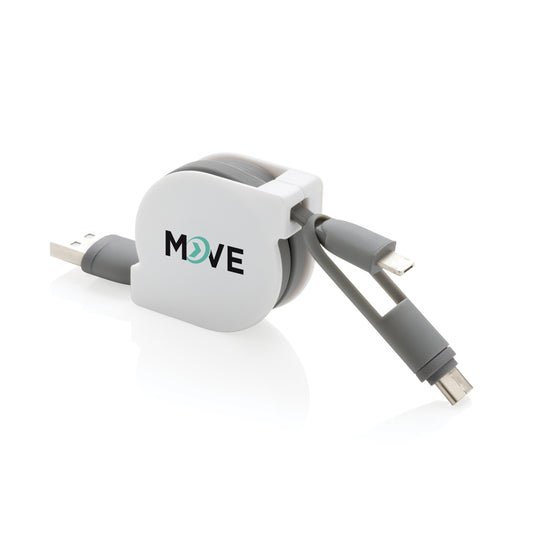 XD Collection 3-in-1 retractable cable for phone and tablet accessories, showing the compact design and multiple connector options.