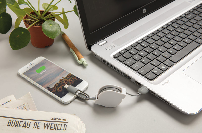 Load image into Gallery viewer, XD Collection 3-in-1 retractable phone and tablet cable with multiple connectors for versatile device charging and syncing.
