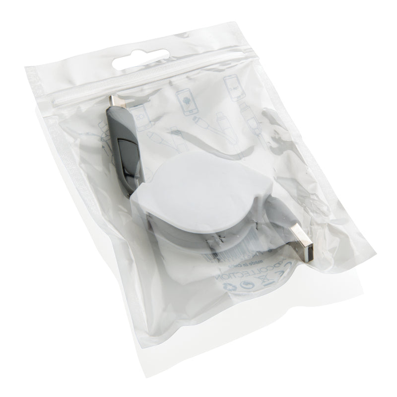 Load image into Gallery viewer, XD Collection 3-in-1 retractable cable for phone and tablet accessories, showing the compact cable in an extended and retracted state.
