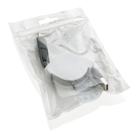 XD Collection 3-in-1 retractable cable for phone and tablet accessories, showing the compact cable in an extended and retracted state.