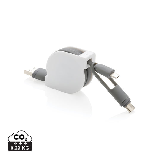 XD Collection 3-in-1 retractable cable for phones and tablets, showing the compact, adjustable design with multiple connectors.