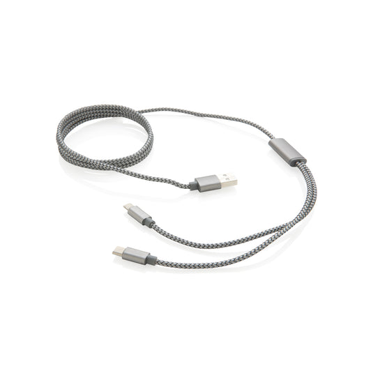 XD Collection 3-in-1 braided phone and tablet charging cable with multiple connectors, durable design, and flexible braided cord.