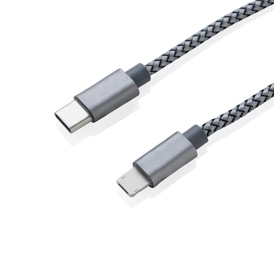 Braided 3-in-1 phone and tablet charging cable from XD Collection with multiple connectors for versatile device compatibility.