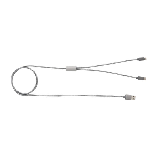 Braided 3-in-1 phone and tablet charging cable by XD Collection with multiple connector types for versatile device compatibility.