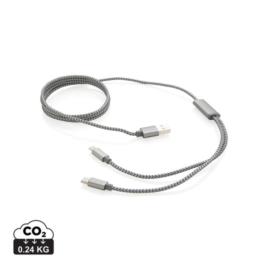 XD Collection 3-in-1 braided cable for phone and tablet charging and data transfer, showing multiple connectors on a coiled cable.