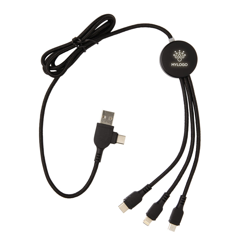 Load image into Gallery viewer, Light-up logo 6-in-1 cable for phone and tablet charging by XD Collection, featuring illuminated branding and multiple connector types.
