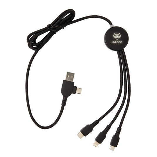 Light-up logo 6-in-1 cable for phone and tablet charging by XD Collection, featuring illuminated branding and multiple connector types.