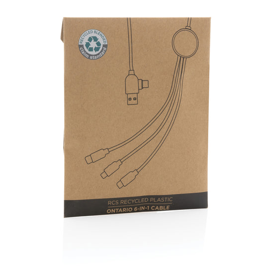 XD Collection RCS recycled plastic Ontario 6-in-1 cable for phones and tablets showing multiple connectors on a white background.