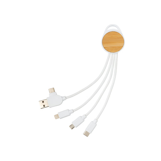 Recycled plastic Ontario 6-in-1 round cable for phones and tablets by XD Collection, showing multiple connectors in a sleek design.