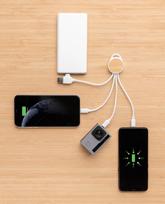 XD Collection RCS recycled plastic Ontario 6-in-1 round cable for phone and tablet accessories, shown coiled and connected to devices.