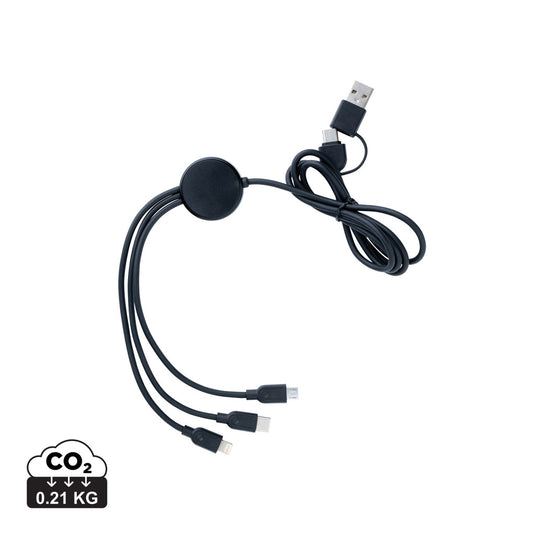XD Collection recycled TPE and plastic 6-in-1 phone and tablet cable with multiple connectors for versatile device charging.