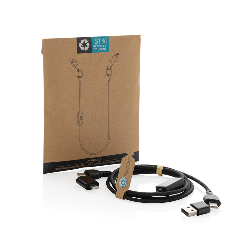 Load image into Gallery viewer, XD Collection Datalock RCS recycled 60W hacking protection cable for phones and tablets, shown coiled with connectors visible.
