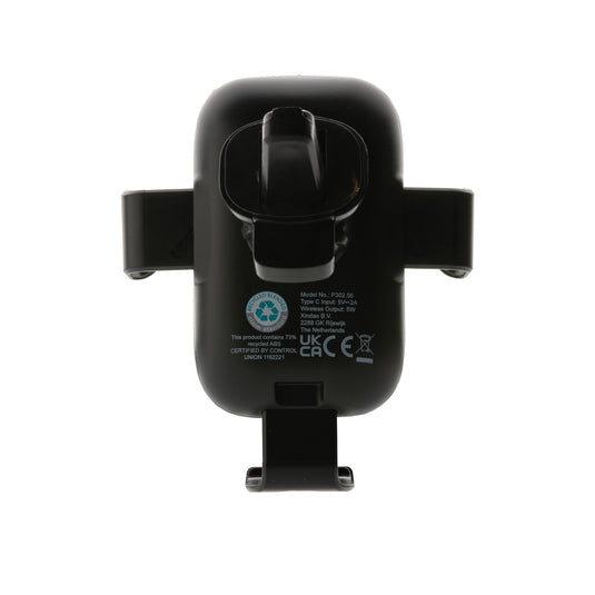 XD Collection RCS recycled plastic 10W wireless charging car holder holding a smartphone in a car interior.