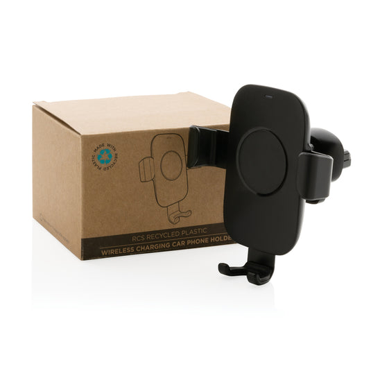 XD Collection RCS recycled plastic 10W wireless charging car holder holding a smartphone mounted in a vehicle.