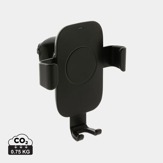 XD Collection recycled plastic 10W wireless charging car holder for phones and tablets, mounted in a vehicle dashboard.