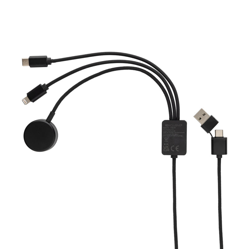 Load image into Gallery viewer, XD Xclusive Terra RCS rPET 6-in-1 charging cable with watch charger for phones and tablets, featuring multiple connector types.
