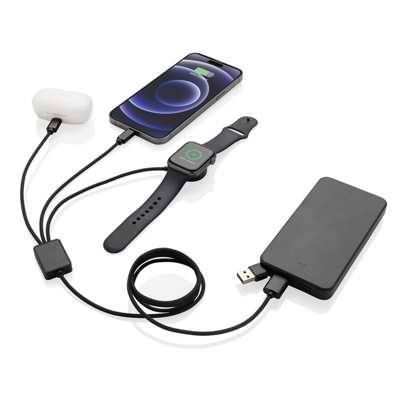 Load image into Gallery viewer, XD Xclusive Terra RCS rPET 6-in-1 charging cable with watch charger for phones and tablets, featuring multiple connectors and durable design.
