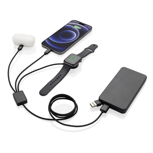 XD Xclusive Terra RCS rPET 6-in-1 charging cable with watch charger for phones and tablets, featuring multiple connectors and durable design.