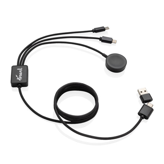 XD Xclusive Terra RCS rPET 6-in-1 charging cable with watch charger for phones and tablets, featuring multiple connector types.